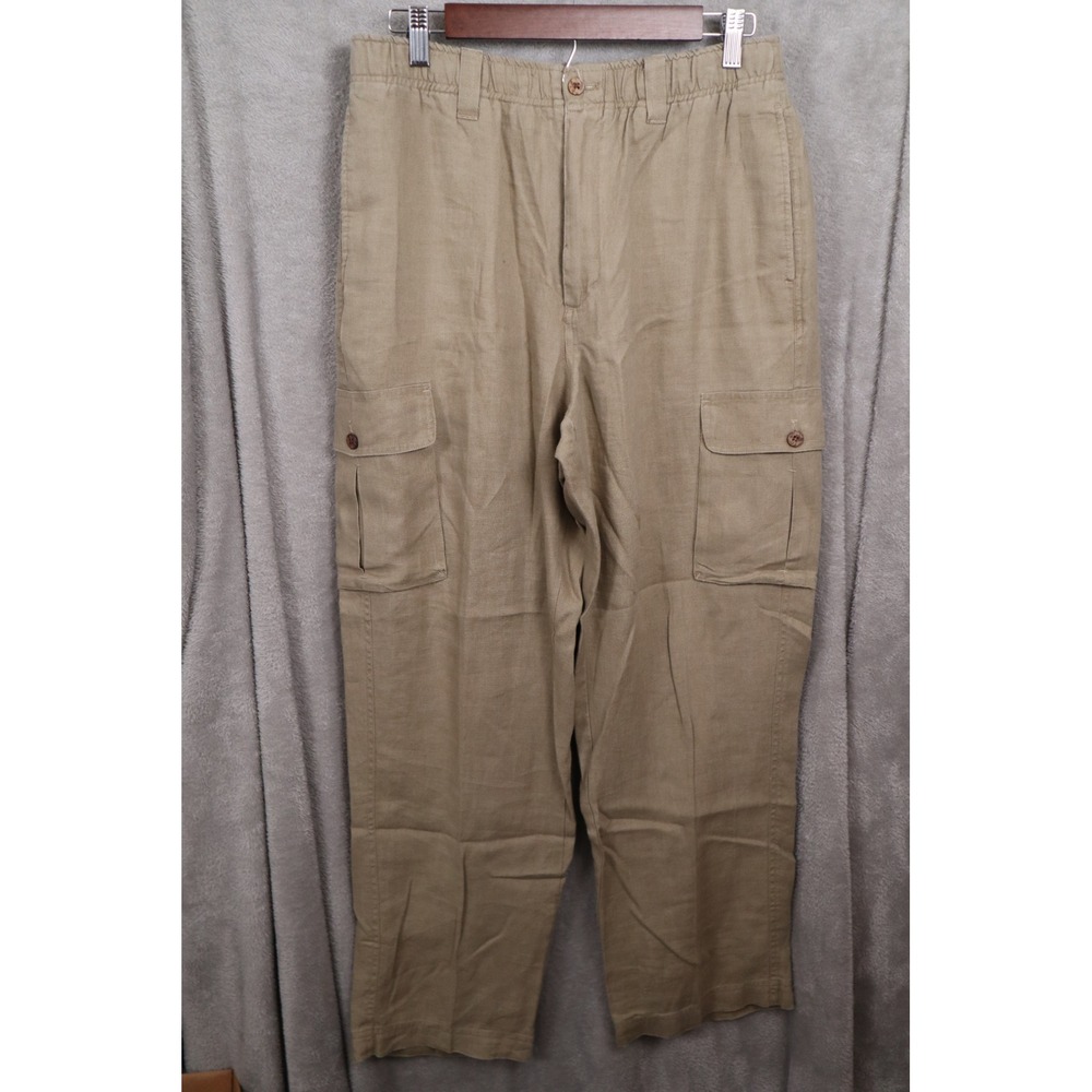 Caribbean Mens 100% Linen Cargo Pants Tan Beige 32x30 Elastic Waist Casual